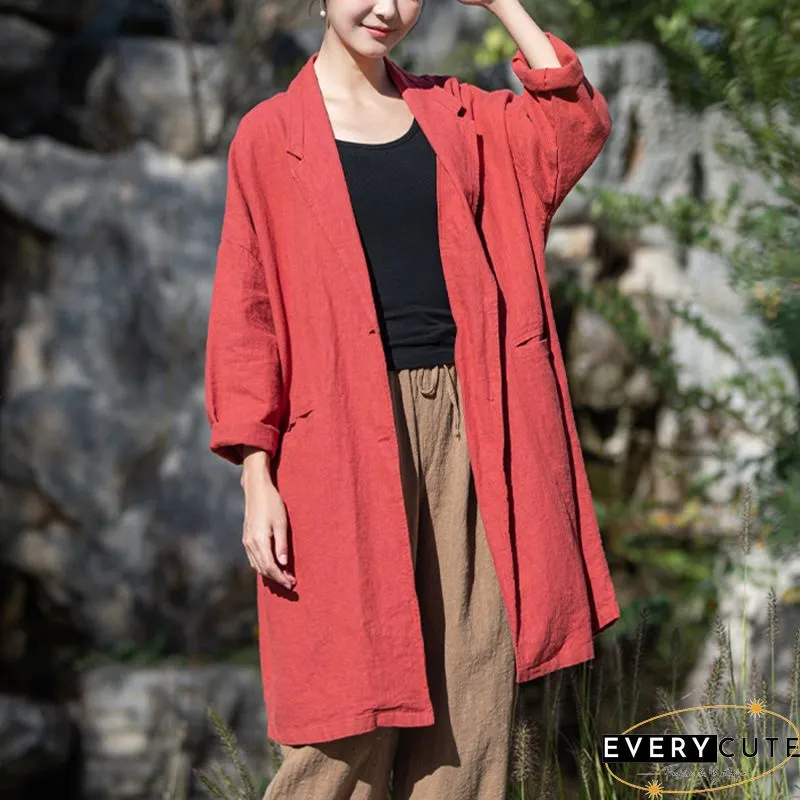 Lapel Solid Color Long Sleeve Corduroy Vintage Long Coat