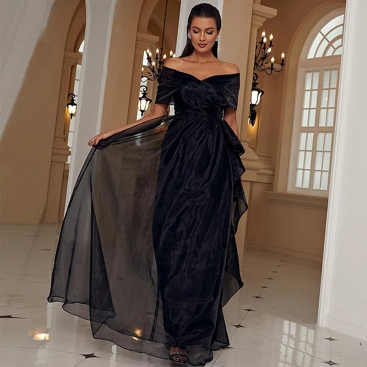 Promsstyle Lady Off Shouler Short Sleeve Defined Waist Flounce Black Silk Dress Prom Dress 2023