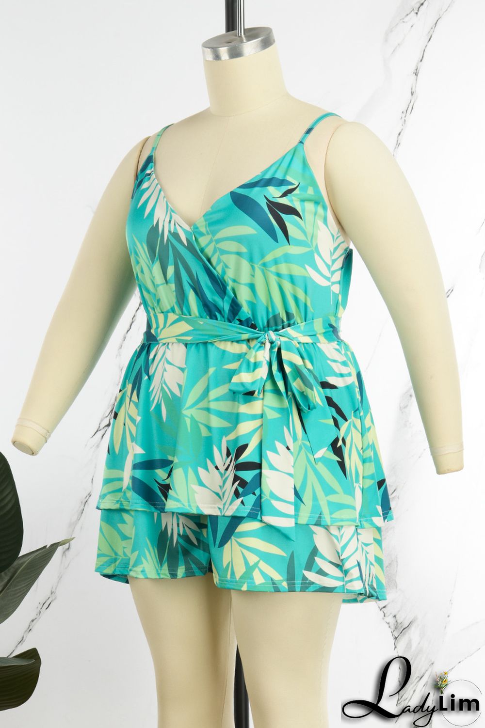 Blue Casual Print Patchwork Spaghetti Strap Plus Size Two Pieces