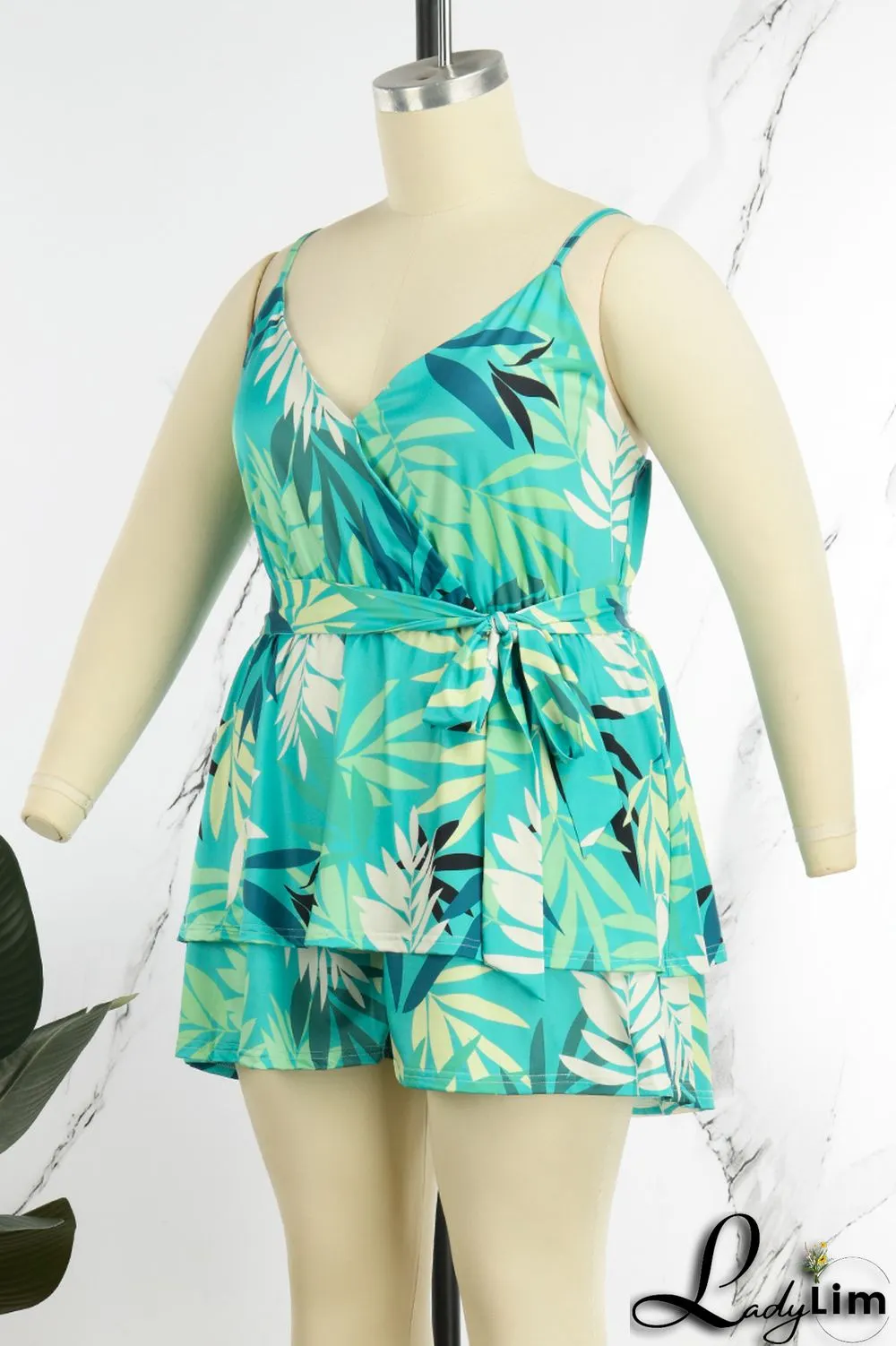 Blue Casual Print Patchwork Spaghetti Strap Plus Size Two Pieces