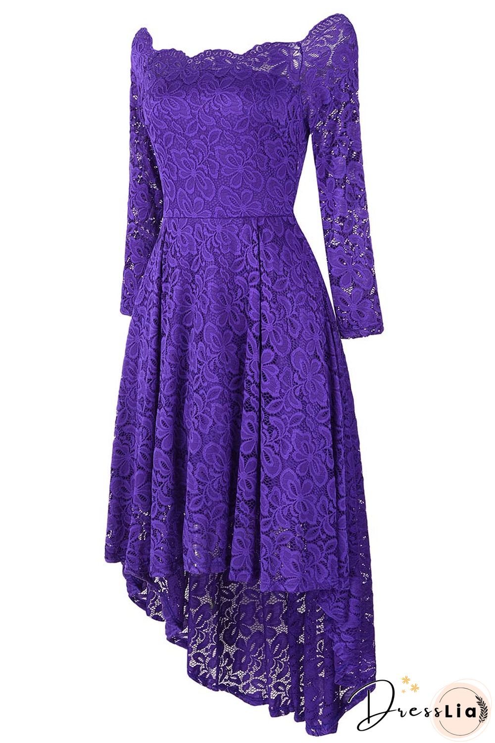 Purple Off-the-shoulder Scalloped High Low Prom Dress