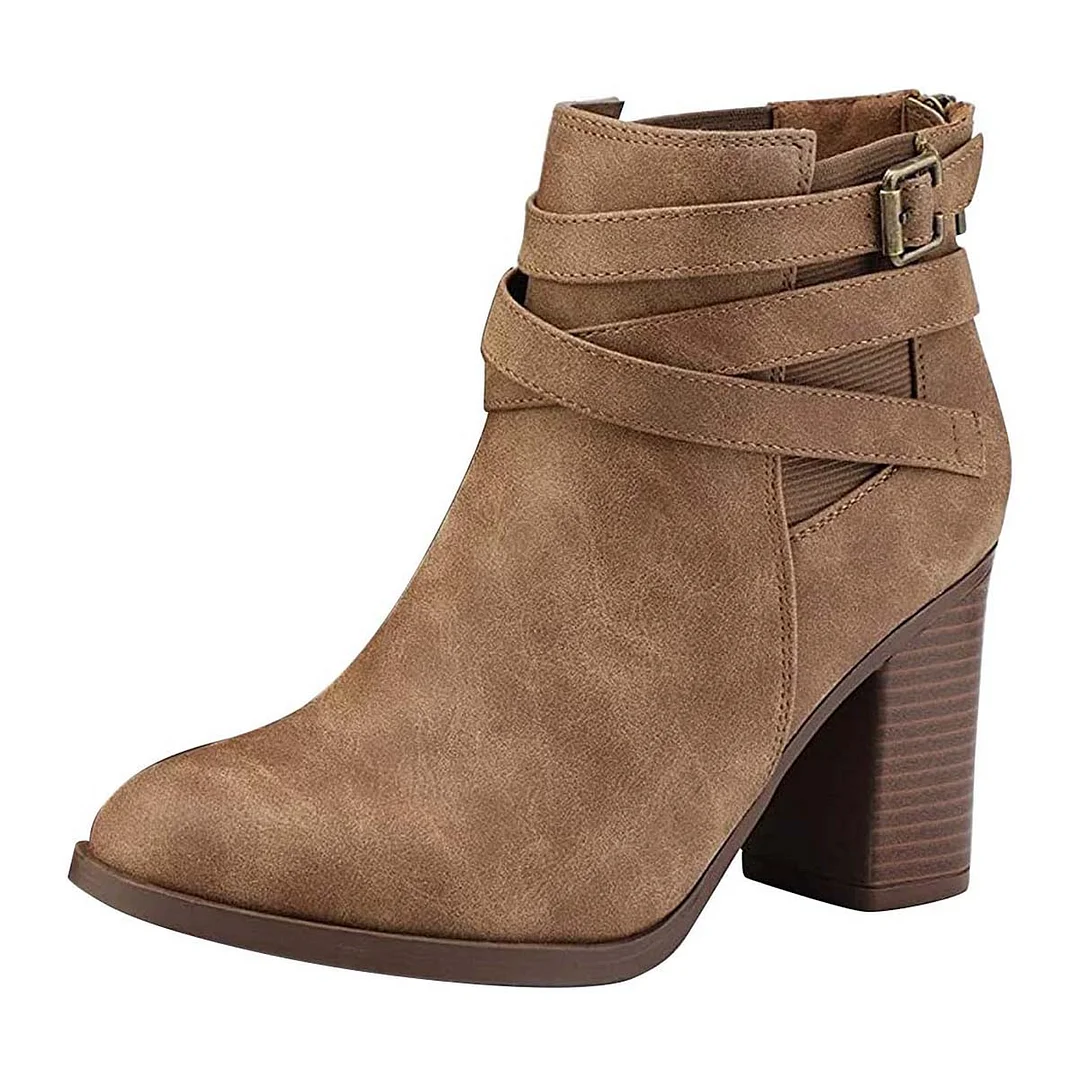 Tan Round Toe Block High Heel Strappy Buckled Ankle Boots with Zipper