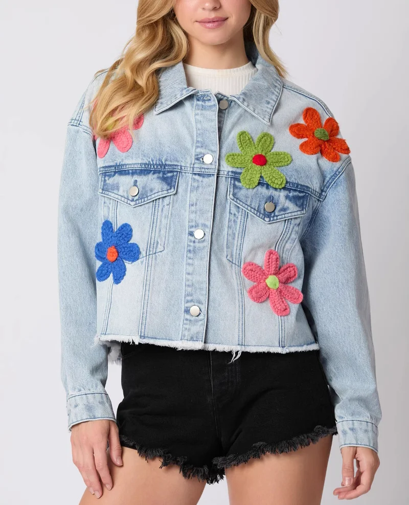 Women's Multi-color 3D Flower Decorative Denim Jacket