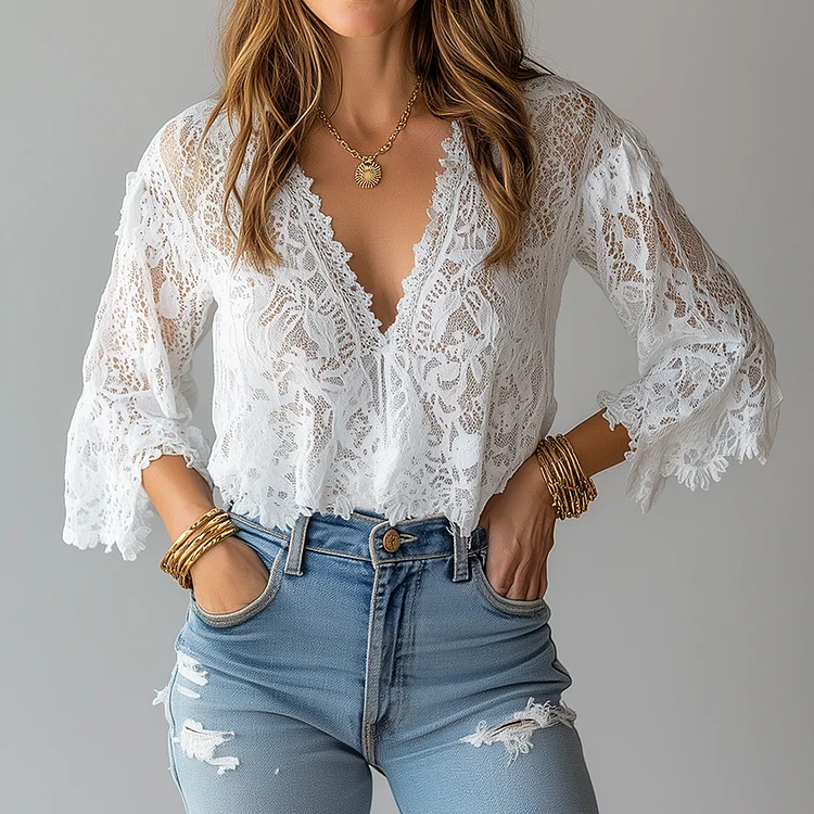 Ursime Hollow Out Lace V Neck 3/4 Sleeve Blouse