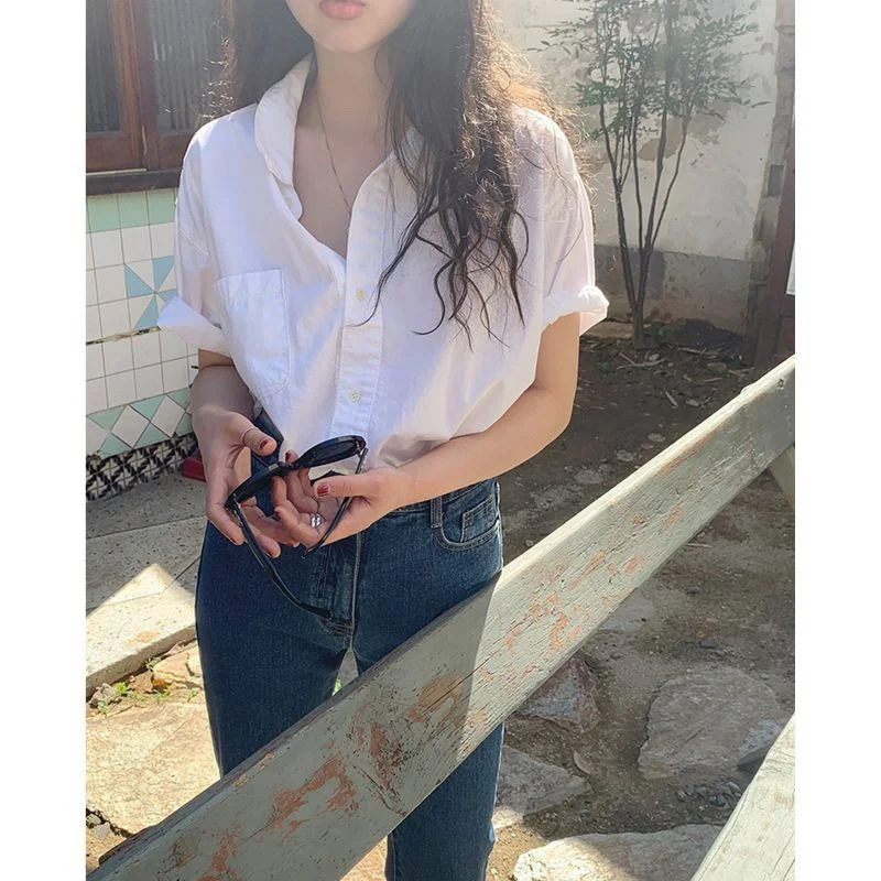 Uveng Uveng Version Of White Short-Sleeved Shirt Women's Summer New Design Sense Of Niche Shirt Loose Lazy Leisure Thin