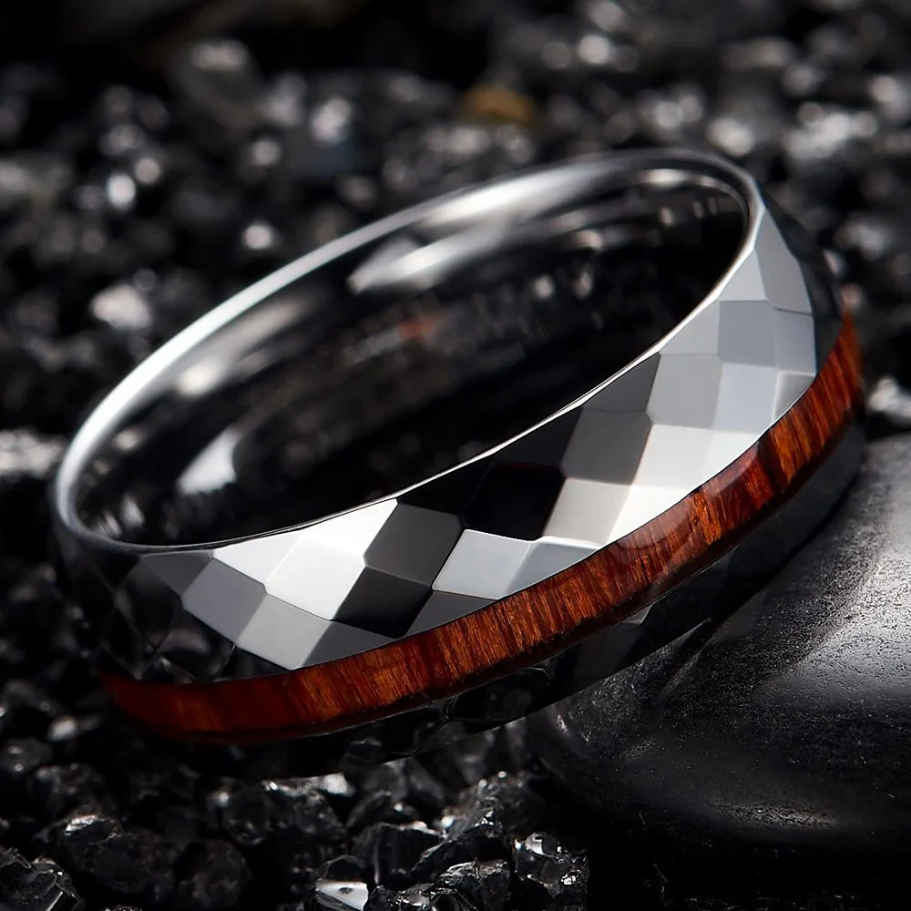 8mm Hawaiian Koa Wood Inlay Silver Faceted Tungsten Carbide Men's Wedding Bands