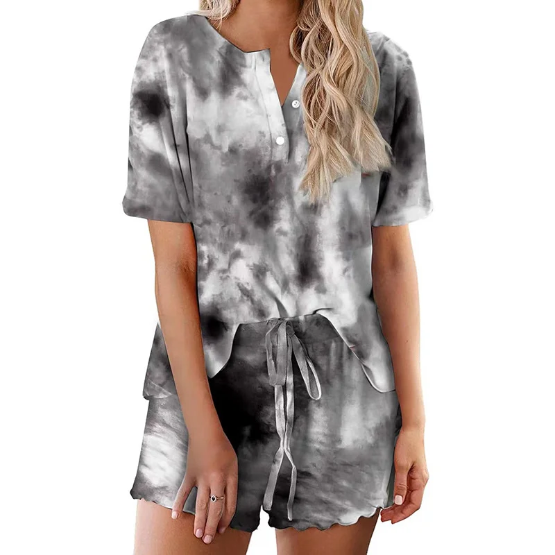 Women's Tie Dye Lace Elastic Waist V- Neck Short Sleeve Pajama Sets  