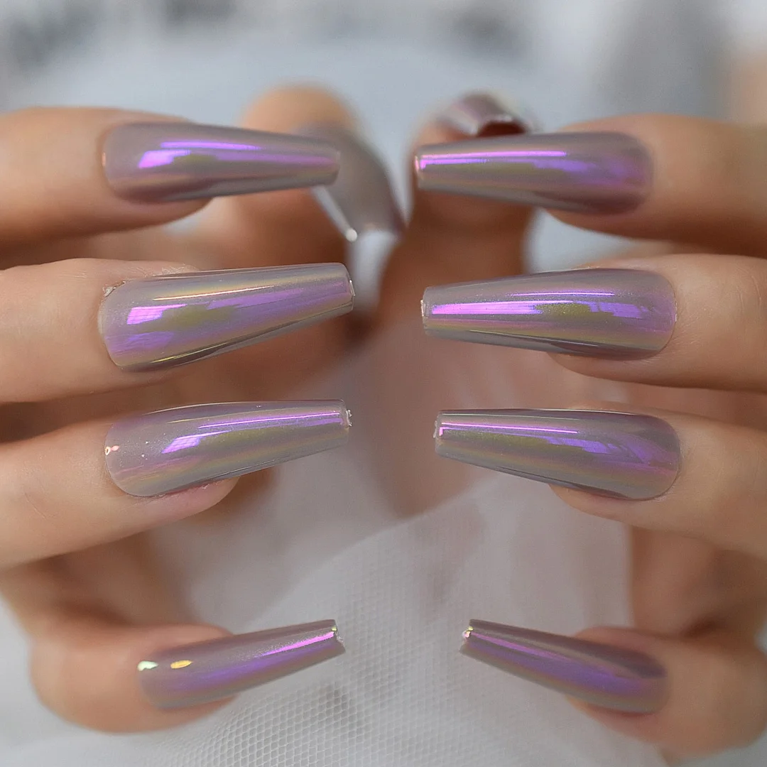 Holographic Extra Long Coffin Chrome Colorful Full Cover Nails False Nails Art Design Press On Nails Wholesale Reuseable EchiQ