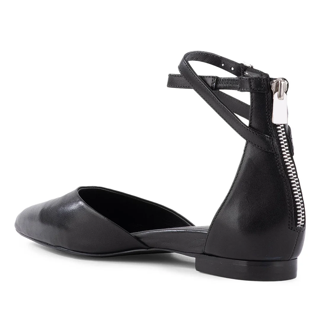 Comfortable Pointed Toe Zipped Flat Ankle Strap Pumps Shoes in Black