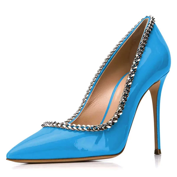 Blue Chain Stiletto Heels Pointed Toe Pumps |FSJ Shoes