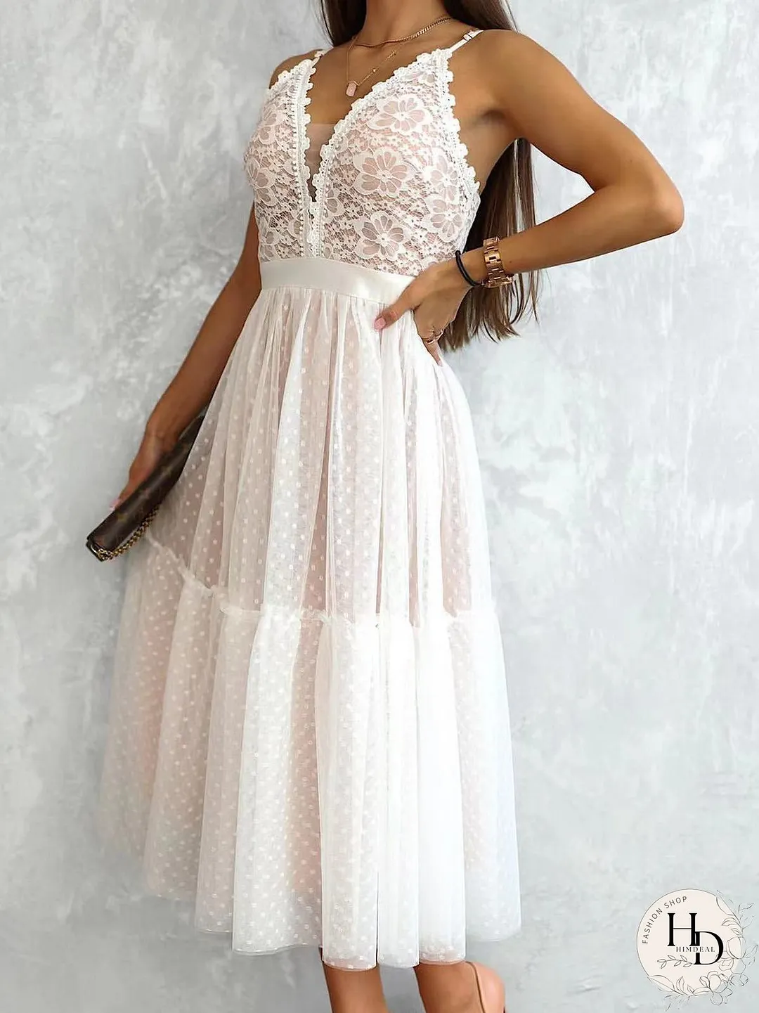 Dresses Sling V-Neck Polka Dot Lace Mesh Dress for Women