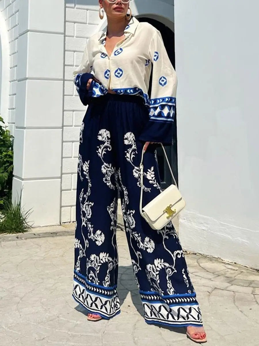 Floral Print Loose Lapel Shirt And Wide-Leg Trousers Two-Piece Set