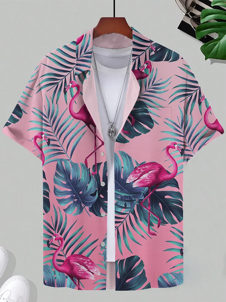 Men's Vacation Flamingo Tropical Plant Art Print Shirt
