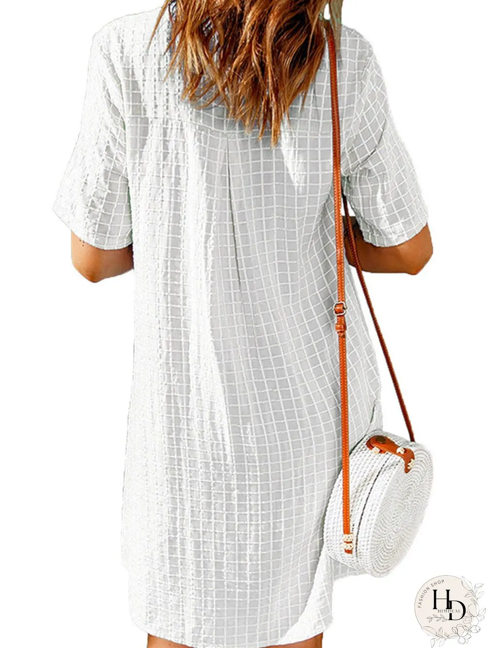 Women's Casual Shirt Short Skirt Lapel Plaid Loose Short Sleeve Dress White Dress