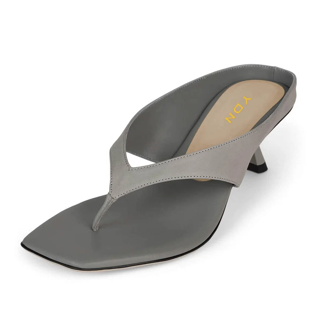 Grey Vegan Leather Open-Toe Spool Heel Flip Flops for Women
