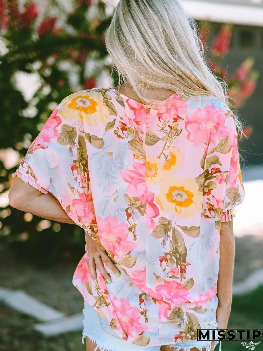 Pink Floral Loose Fit Blouse with Shirred Cuffs