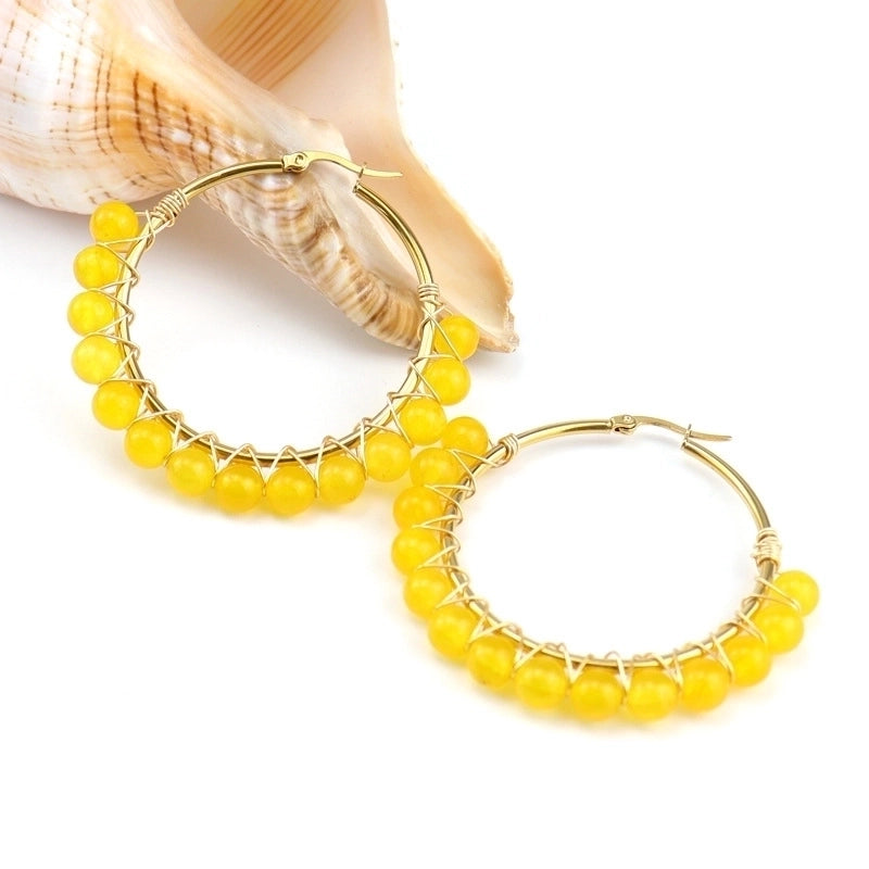 1 Pair Retro Minimalist Round Beaded Plating Natural Stone Copper Hoop Earrings