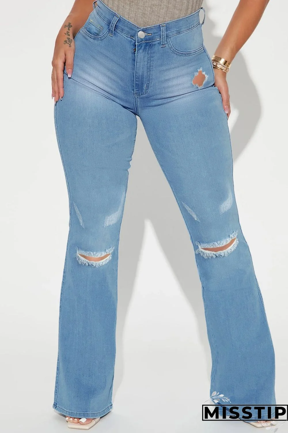 Blue Casual Solid Ripped Patchwork High Waist Regular Denim Jeans