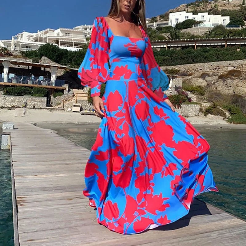 Women Autumn Elegant Long Lantern Sleeve Party Dress Ladies Vintage Square Collar Slim Long Dress Female Print Beach Dress 2021