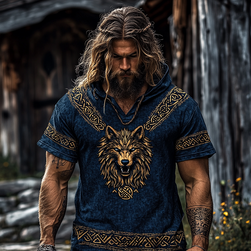 Men's Viking Celtic Wolf Pattern Linen Blend Hooded T-shirt