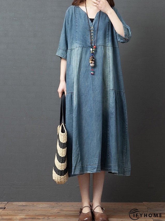 Denim Dress Casual Dress Midi Dress Denim Fashion Casual Daily Vacation V Neck Button Pocket Half Sleeve Summer Spring Fall Loose Fit Blue Dark Gray Plain M L XL 2XL for Women | IFYHOME