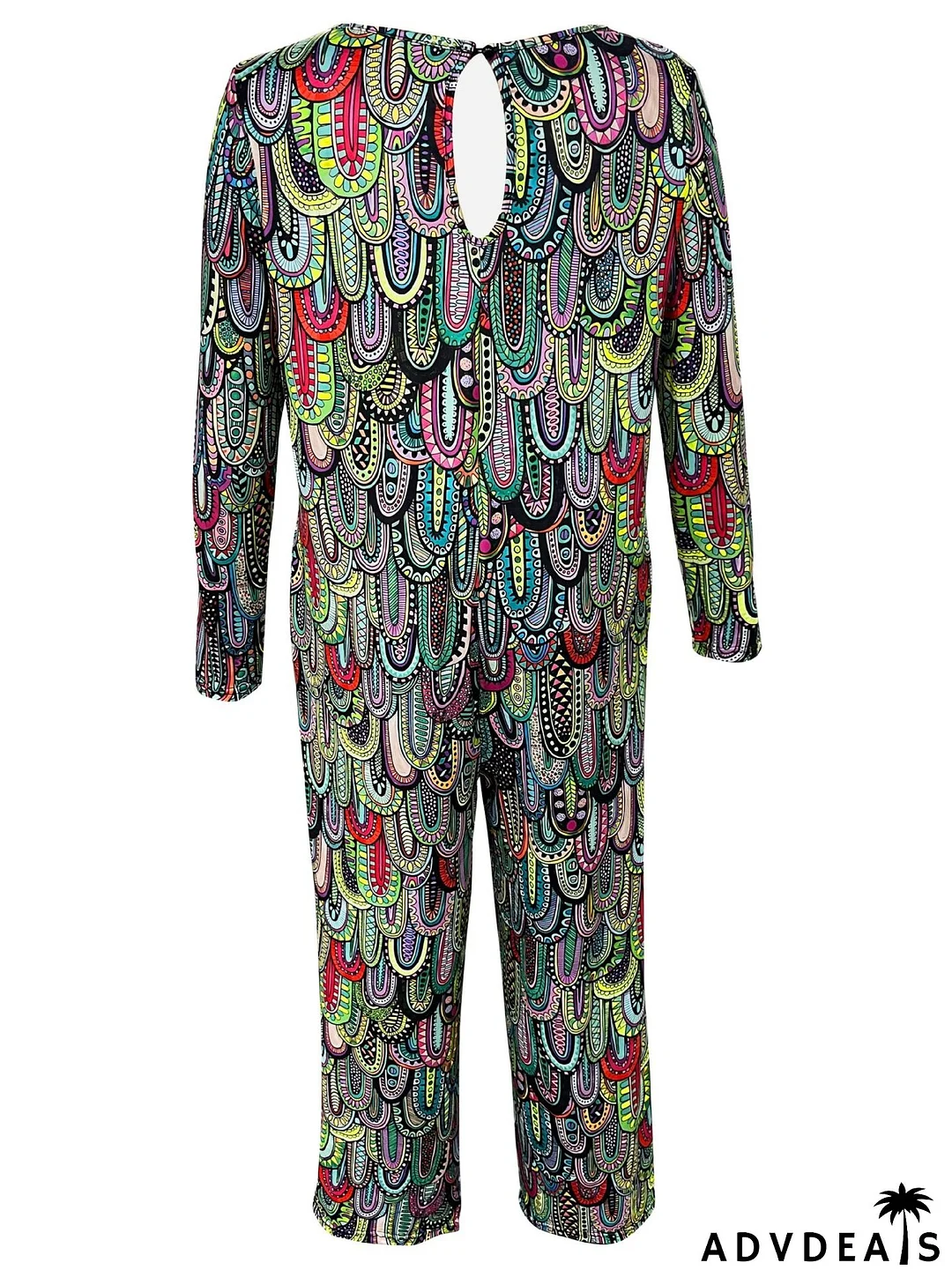 Women Print Casual Round Neck Loose Long Sleeve Jumpsuit