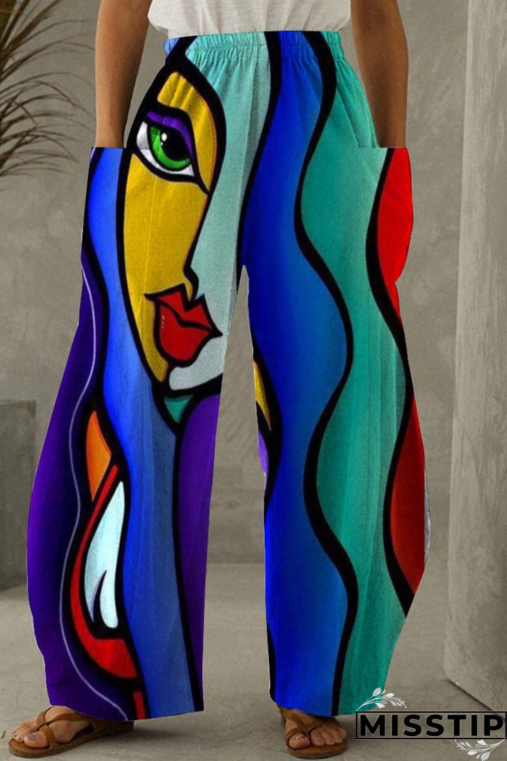 Black Yellow Fashion Casual Print Patchwork Pocket Regular High Waist Trousers