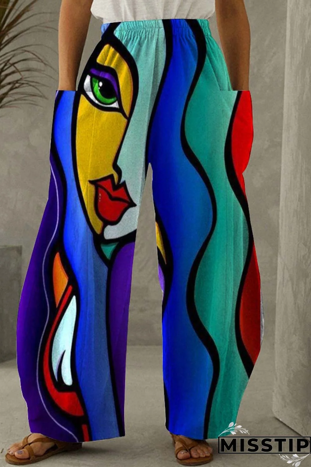 Black Yellow Fashion Casual Print Patchwork Pocket Regular High Waist Trousers