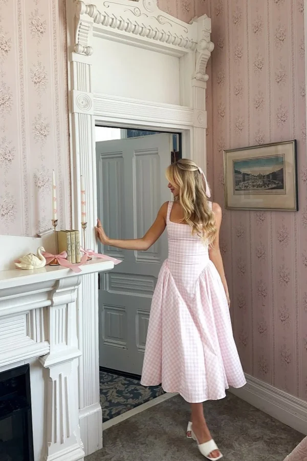 Lovely Pink Square Neck Lattice Prom Dress ZT0676