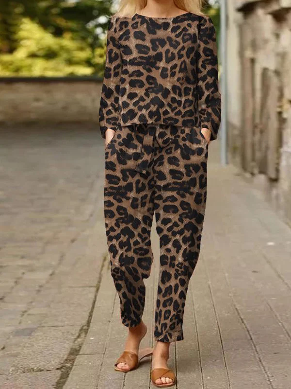 Casual Ladies Spring Summer Long Sleeve Leopard Two-Piece Set socialshop