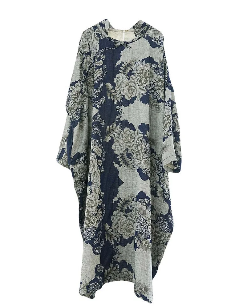 Women Vintage Floral Print Cotton Linen Loose Dress