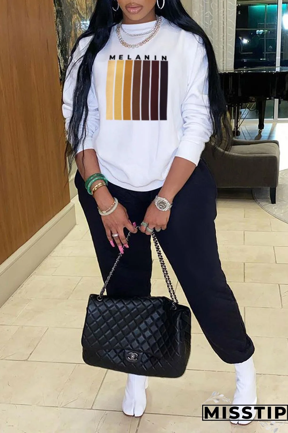 White Fashion Daily Print Patchwork Letter O Neck Tops