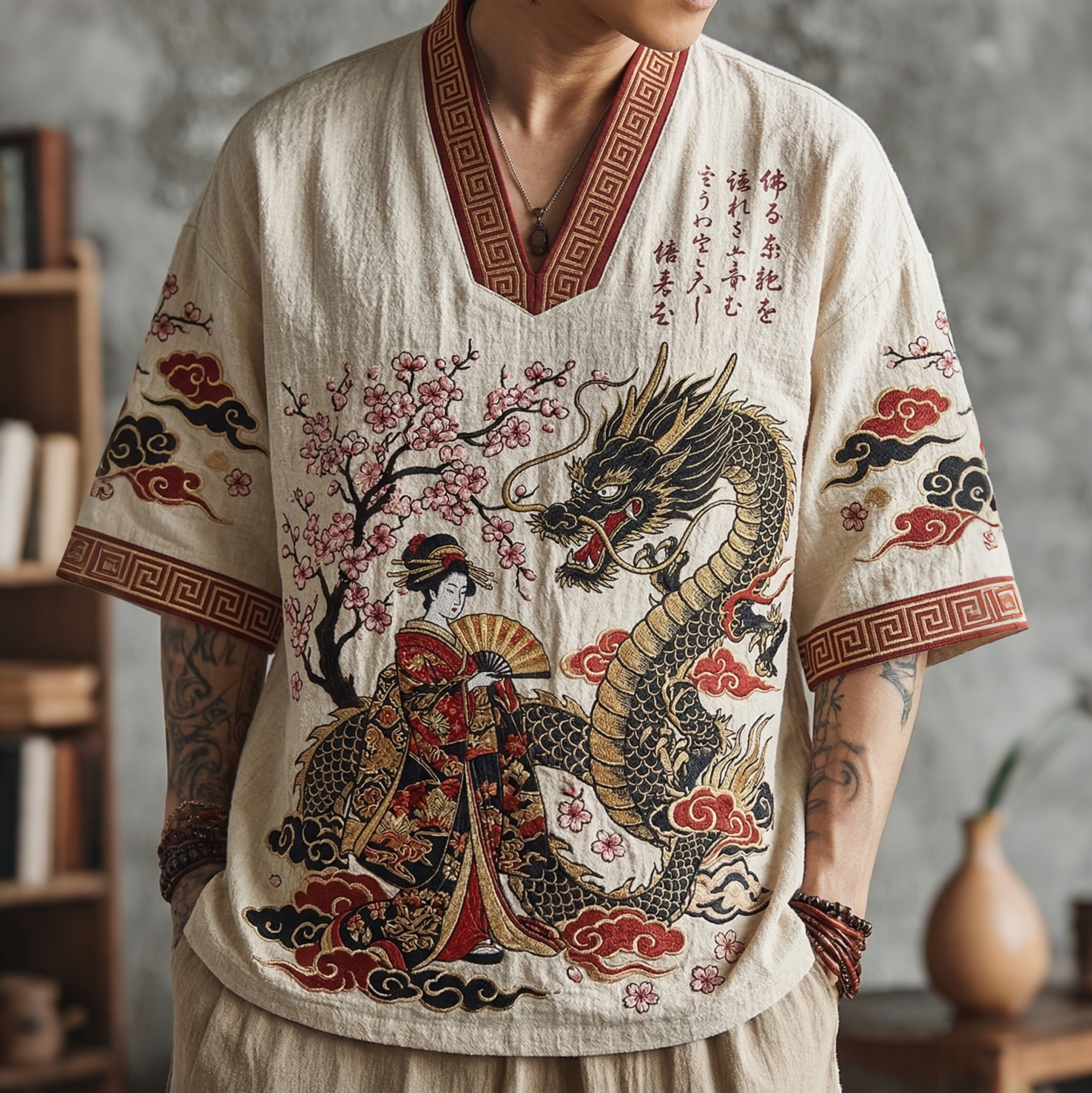 Vintage Elegant Japanese Geisha And Dragon Art Printed V Neck Short-sleeve Tops elevenforest