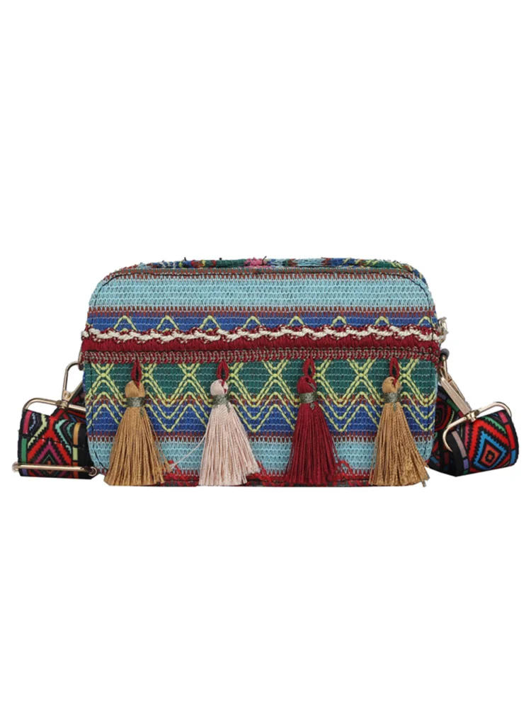 Women Crossbody Bag Casual Ethnic Style Phone Bag Tassel for Lady (Green)