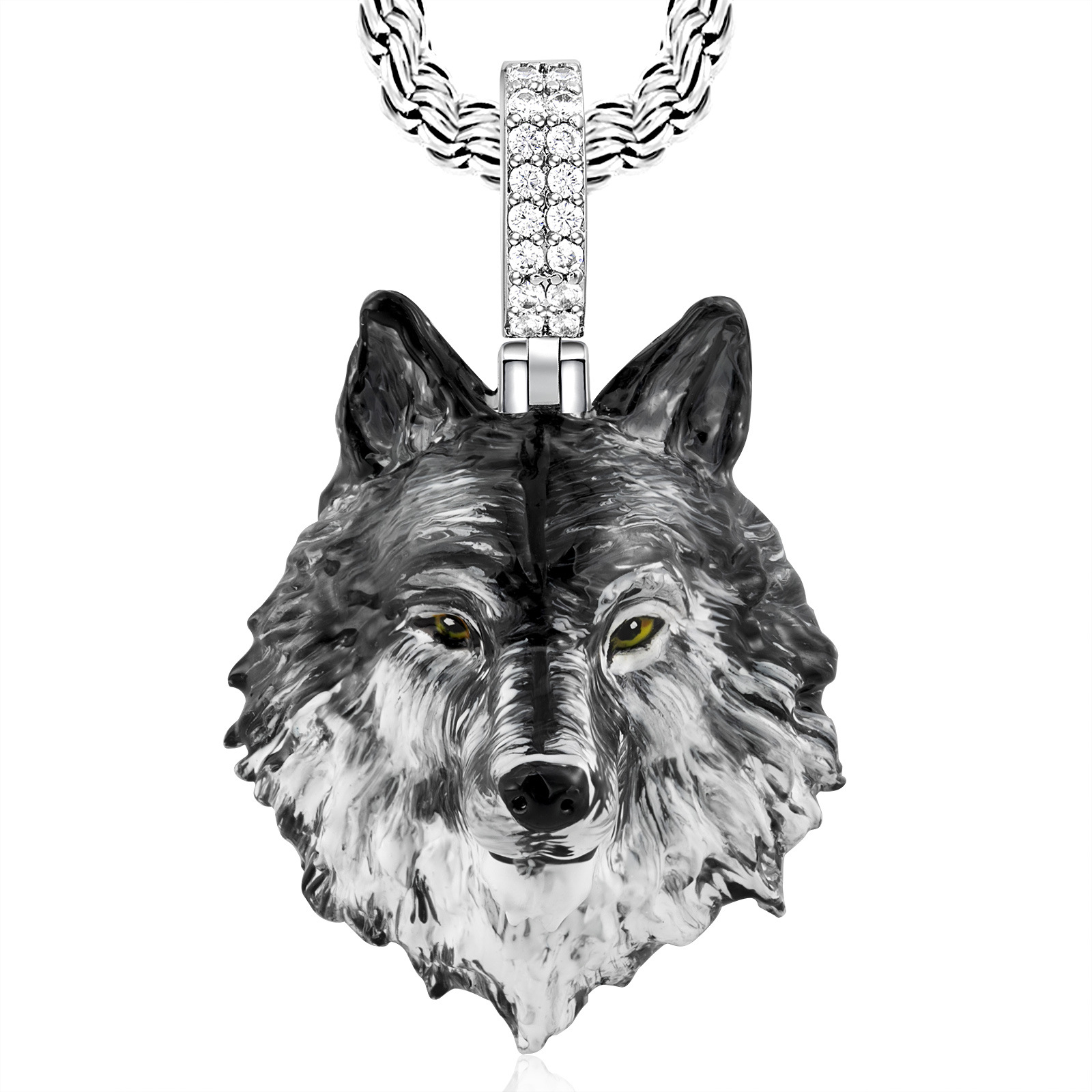 Hand-painted enamel wolf head necklace with diamonds