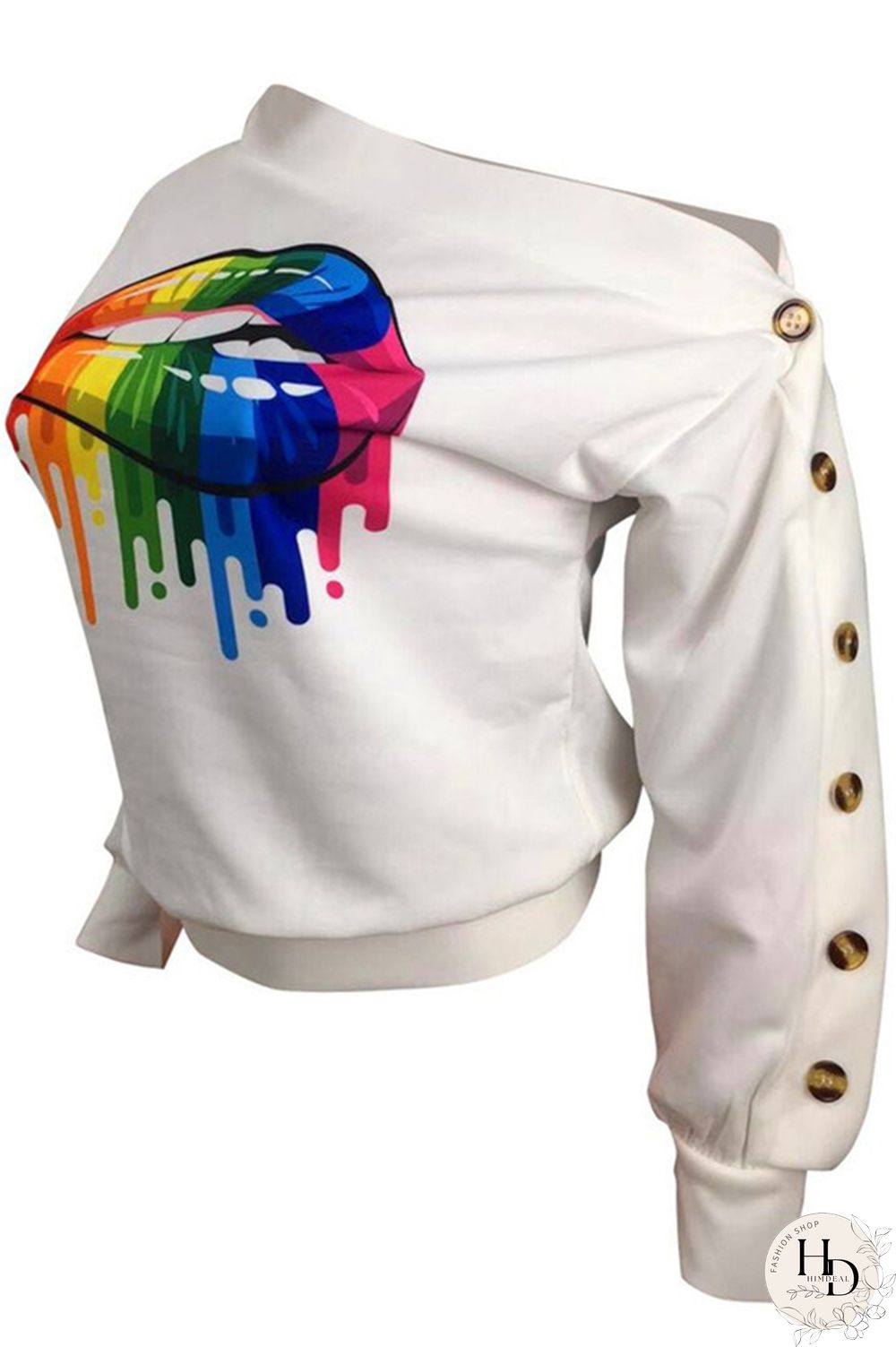 Black One Shoulder Collar Print Polyester Print Long Sleeve