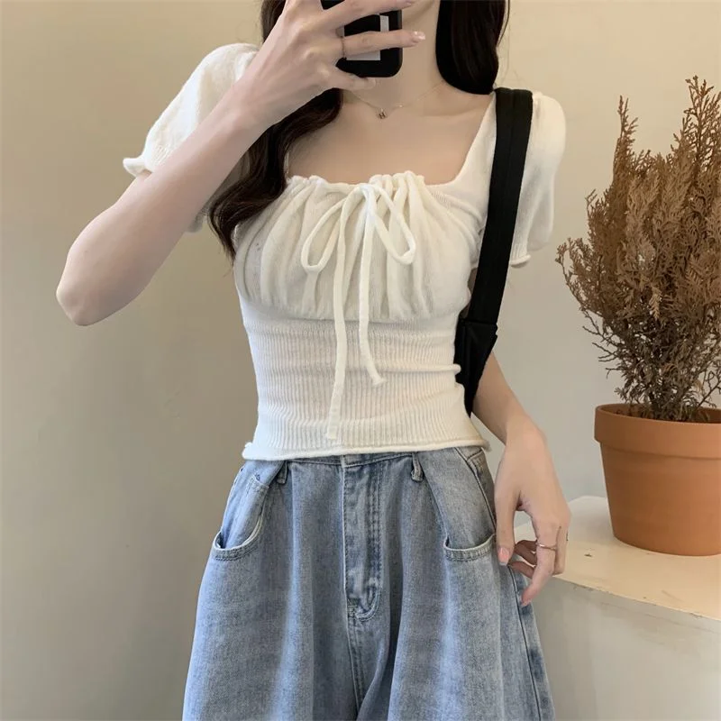 Uveng Uveng With Drawstring T-Shirt For Girls Summer New Retro French Style Collar Temperament Collar Collar Short Sleeve Top In Fashion