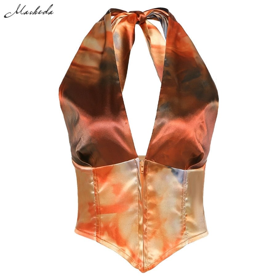 Macheda Autumn Sexy Backless Slim Tank Top Women Fashion Sleeveless Lace Up V Neck Clothing Lady printing Crop Top 2020 New