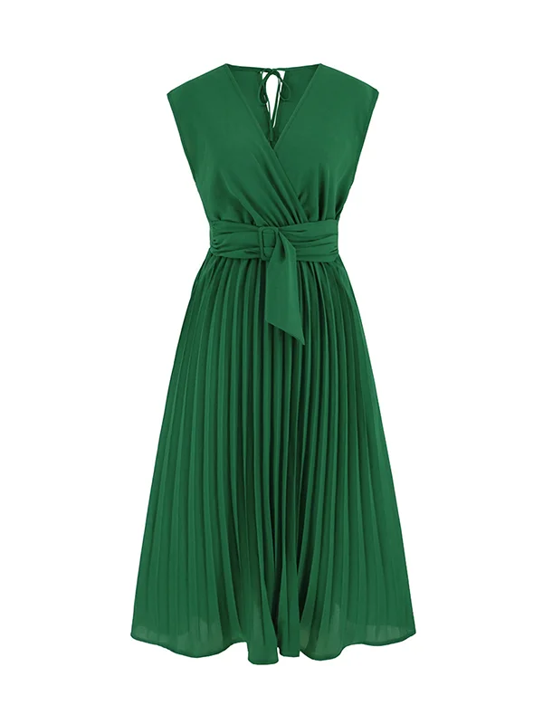 Pleated Solid Color Tied Waist Sleeveless V-Neck Midi Dresses