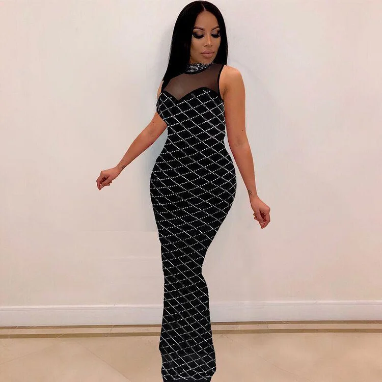 Promsstyle Mesh splice mock neck rhinestone bodycon maxi party dress Prom Dress 2023