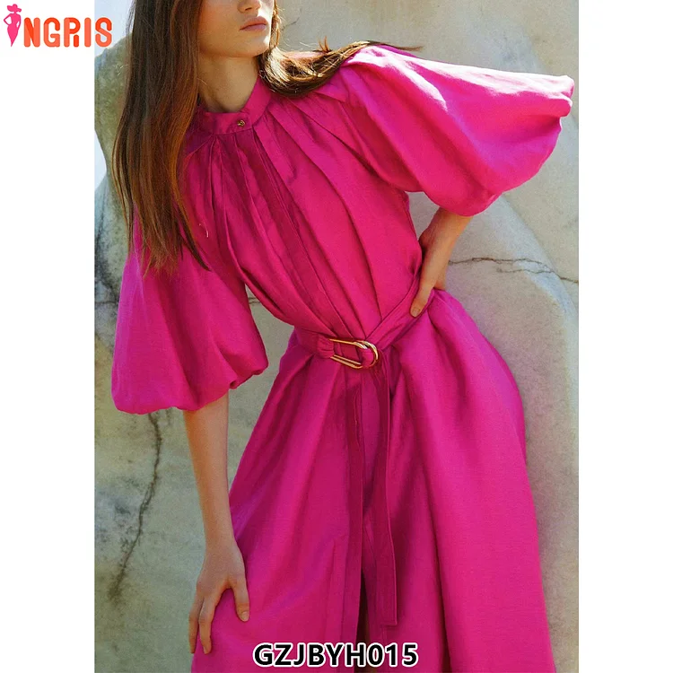 Summer Fashion Flare Sleeves Single Breasted Waist Belt Loose Waist Long Dress-GZJB015