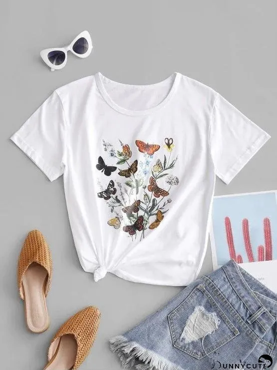 Butterfly Flower Knotted Cotton Basic Tee for Women