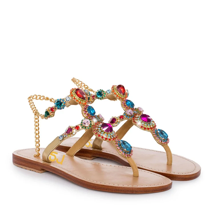 Colorful Jeweled Sandals Summer Rhinestone Flat Thong Sandals