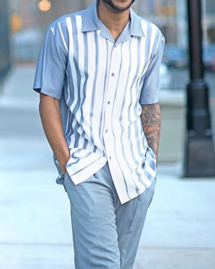 Short Sleeve Print Walking Two Piece Suit Set With Long Pants