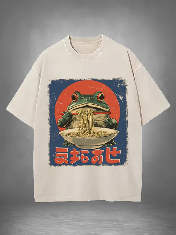 Men's Japanese Ramen Frog Illustration Print Cotton Washed T-Shirt