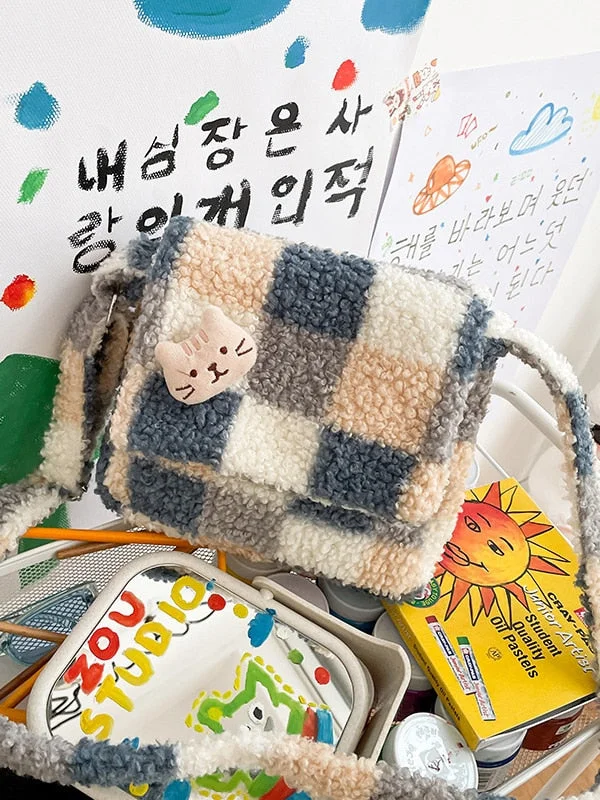 Xpoko Women's Plush Shopper Bag Vintage Fluffy Cute Soft Korean Style Messenger Cover Shoulder Female Student Bags for Women 2023 New