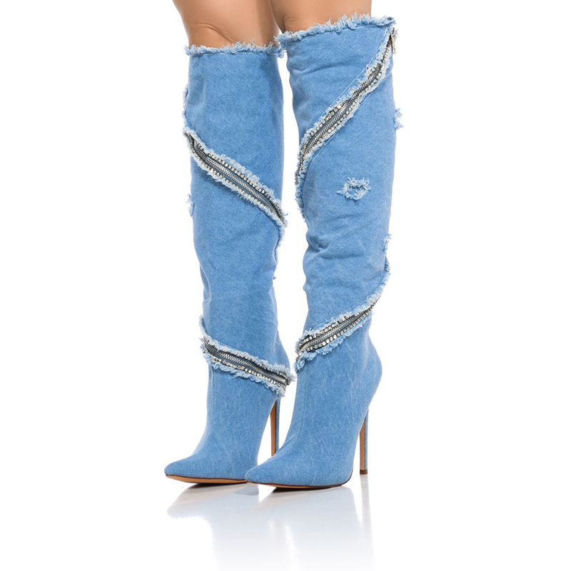 GOOSHOE Pointed Toe Denim Boots Pointy Stiletto Heel Zipper Shoes Knee Boots