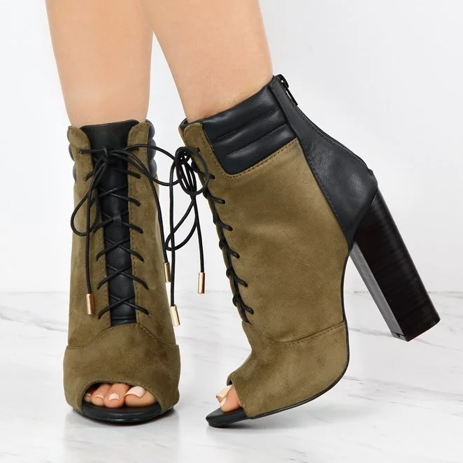 Olive & Black Lace Up Boots Vegan Suede Peep Toe Chunky Heel Booties |FSJ Shoes