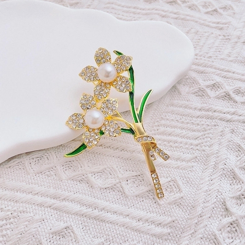 Fashion Pin Flower Alloy Plating Inlay Artificial Gemstones Pearl Women’S Brooches