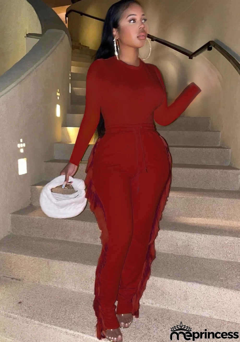 Spring Red Long Sleeve Basic Shirt and Fringe Sweatpants Two Piece Set